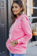 Load image into Gallery viewer, Pink Solid Ripped Hooded Sweatshirt with Kangaroo Pocket
