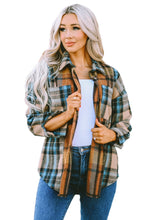 将图片加载到图库查看器，Brown Plaid Color Block Buttoned Shirt with Pockets
