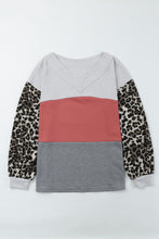 将图片加载到图库查看器，Fiery Red Wild Leopard Contrast Sleeve Colorblock Waffle Knit Top
