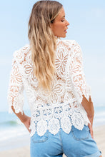 Cargar imagen en el visor de la galería, Oatmeal Bohemian Macrame Lace Crochet Half Sleeve Blouse
