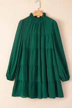 将图片加载到图库查看器，Green Puff Sleeve Mock Neck Back Knot Tiered Dress
