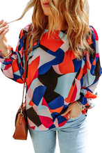 将图片加载到图库查看器，Abstract Pattern Crewneck Ruffled Puff Sleeve Blouse
