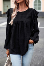 将图片加载到图库查看器，Black Lace Eyelet Ruffle Shoulder Long Sleeve Blouse
