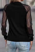 将图片加载到图库查看器，Black Striped Mesh Long Sleeve Crewneck Ribbed Top
