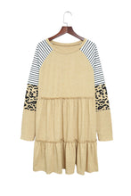 将图片加载到图库查看器，Khaki Striped Leopard Patchwork Long Sleeve Mini Dress
