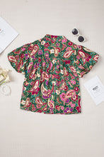 将图片加载到图库查看器，Green V Neck Short Bubble Sleeve Paisley Blouse
