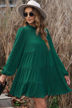 将图片加载到图库查看器，Green Puff Sleeve Mock Neck Back Knot Tiered Dress
