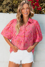 Load image into Gallery viewer, Rose Red Floral Print Wide Short Sleeve Loose Shirt
