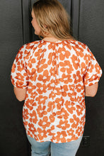 Load image into Gallery viewer, Orange Plus Size Floral Print Drawstring V Neck Short Sleeve Blouse
