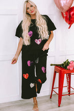 将图片加载到图库查看器，Black Sequin Heart Popping Graphic Textured 2pcs Outfit
