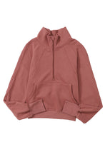 将图片加载到图库查看器，Brown Fleece Lined Zip Up Stand Collar Thumbhole Sleeve Sweatshirt
