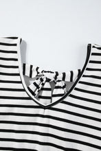 将图片加载到图库查看器，Pink Stripe Butterfly Sleeve V Neck Hollowed Knot Back T Shirt
