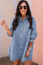 Load image into Gallery viewer, Sky Blue Buttoned Long Sleeve Denim Mini Dress
