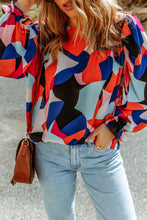 将图片加载到图库查看器，Abstract Pattern Crewneck Ruffled Puff Sleeve Blouse
