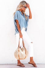 Load image into Gallery viewer, Sky Blue Split V Neck Oversized Denim Blouse
