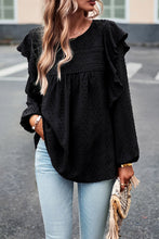 将图片加载到图库查看器，Black Lace Eyelet Ruffle Shoulder Long Sleeve Blouse
