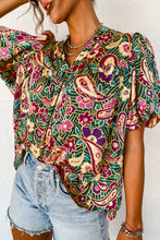 将图片加载到图库查看器，Green V Neck Short Bubble Sleeve Paisley Blouse
