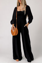 将图片加载到图库查看器，Black Smocked Square Neck Long Sleeve Wide Leg Jumpsuit
