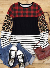 将图片加载到图库查看器，Plaid Print Leopard Splicing Striped Color Block Long Sleeve Top
