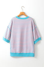 Cargar imagen en el visor de la galería, Sky Blue Stripe Oversized Contrast Trim Exposed Seam High Low T Shirt
