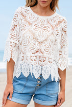 将图片加载到图库查看器，Oatmeal Bohemian Macrame Lace Crochet Half Sleeve Blouse
