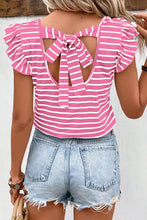 将图片加载到图库查看器，Pink Stripe Butterfly Sleeve V Neck Hollowed Knot Back T Shirt
