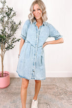 Load image into Gallery viewer, Medium Grey Mineral Wash Ruffled Short Sleeve Buttoned Denim Dress
