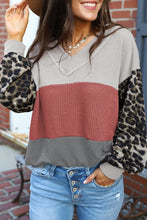 将图片加载到图库查看器，Fiery Red Wild Leopard Contrast Sleeve Colorblock Waffle Knit Top
