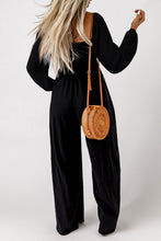 将图片加载到图库查看器，Black Smocked Square Neck Long Sleeve Wide Leg Jumpsuit
