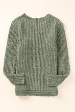 将图片加载到图库查看器，Green Long Sleeve Round Hem Cable Knit Sweater
