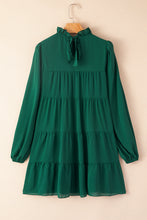 将图片加载到图库查看器，Green Puff Sleeve Mock Neck Back Knot Tiered Dress
