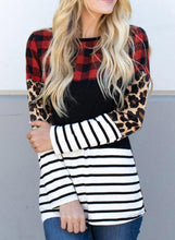 Load image into Gallery viewer, Plaid Print Leopard Splicing Striped Color Block Long Sleeve Top
