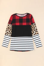 将图片加载到图库查看器，Plaid Print Leopard Splicing Striped Color Block Long Sleeve Top
