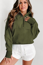 将图片加载到图库查看器，Green Fleece Lined Zip Up Stand Collar Thumbhole Sleeve Sweatshirt
