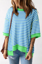 Cargar imagen en el visor de la galería, Sky Blue Stripe Oversized Contrast Trim Exposed Seam High Low T Shirt
