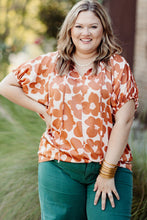 Load image into Gallery viewer, Orange Plus Size Floral Print Drawstring V Neck Short Sleeve Blouse
