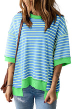 Cargar imagen en el visor de la galería, Sky Blue Stripe Oversized Contrast Trim Exposed Seam High Low T Shirt
