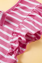 将图片加载到图库查看器，Pink Stripe Butterfly Sleeve V Neck Hollowed Knot Back T Shirt
