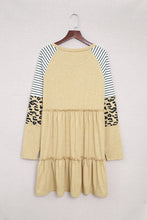 将图片加载到图库查看器，Khaki Striped Leopard Patchwork Long Sleeve Mini Dress
