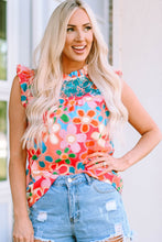 Load image into Gallery viewer, Pink Embroidered Detail Floral Print Ruffle Trim Tank Top
