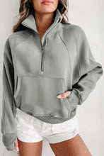 将图片加载到图库查看器，Gray Fleece Lined Zip Up Stand Collar Thumbhole Sleeve Sweatshirt
