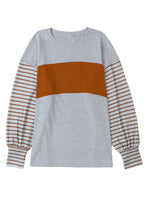 将图片加载到图库查看器，Gray Colorblock Striped Bishop Sleeve Top
