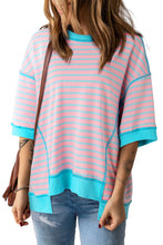 Cargar imagen en el visor de la galería, Sky Blue Stripe Oversized Contrast Trim Exposed Seam High Low T Shirt
