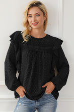 将图片加载到图库查看器，Black Lace Eyelet Ruffle Shoulder Long Sleeve Blouse
