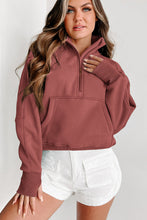 将图片加载到图库查看器，Brown Fleece Lined Zip Up Stand Collar Thumbhole Sleeve Sweatshirt
