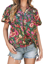 将图片加载到图库查看器，Green V Neck Short Bubble Sleeve Paisley Blouse
