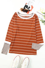 将图片加载到图库查看器，Brown Extend Color Block Cuffs Rib Knit Striped Pullover
