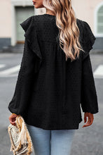 将图片加载到图库查看器，Black Lace Eyelet Ruffle Shoulder Long Sleeve Blouse
