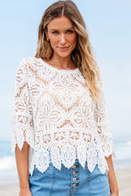 将图片加载到图库查看器，Oatmeal Bohemian Macrame Lace Crochet Half Sleeve Blouse
