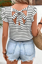 Load image into Gallery viewer, Pink Stripe Butterfly Sleeve V Neck Hollowed Knot Back T Shirt
